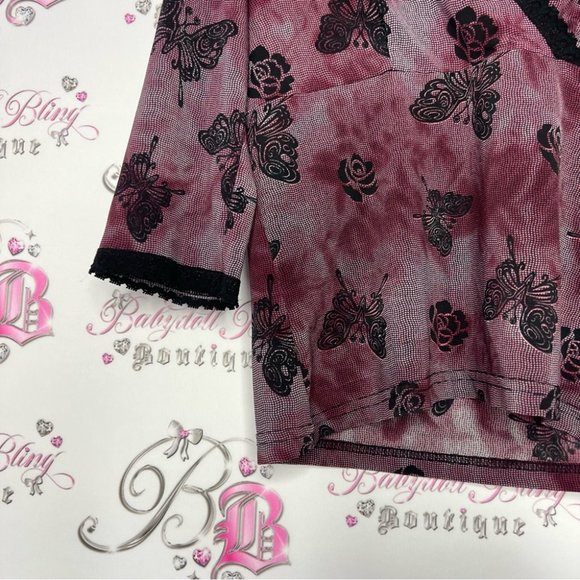 Butterfly roses shirt stretchy y2k lace trim black and red goth punk fairy y2k - Picture 5 of 7